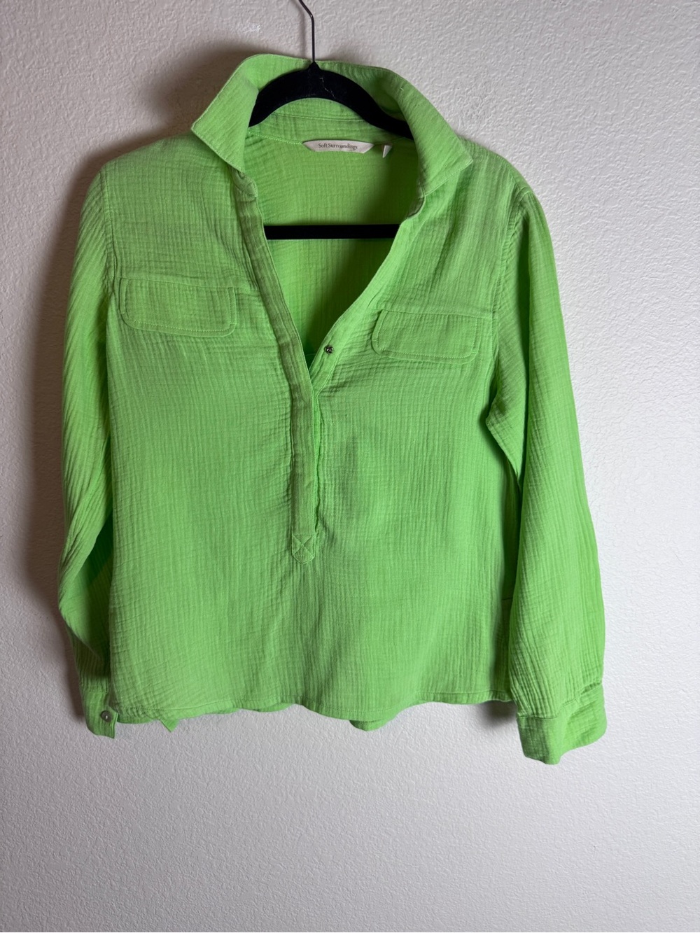 Soft Surroundings Bright Lime Green Button-Front Textured Shirt Size S